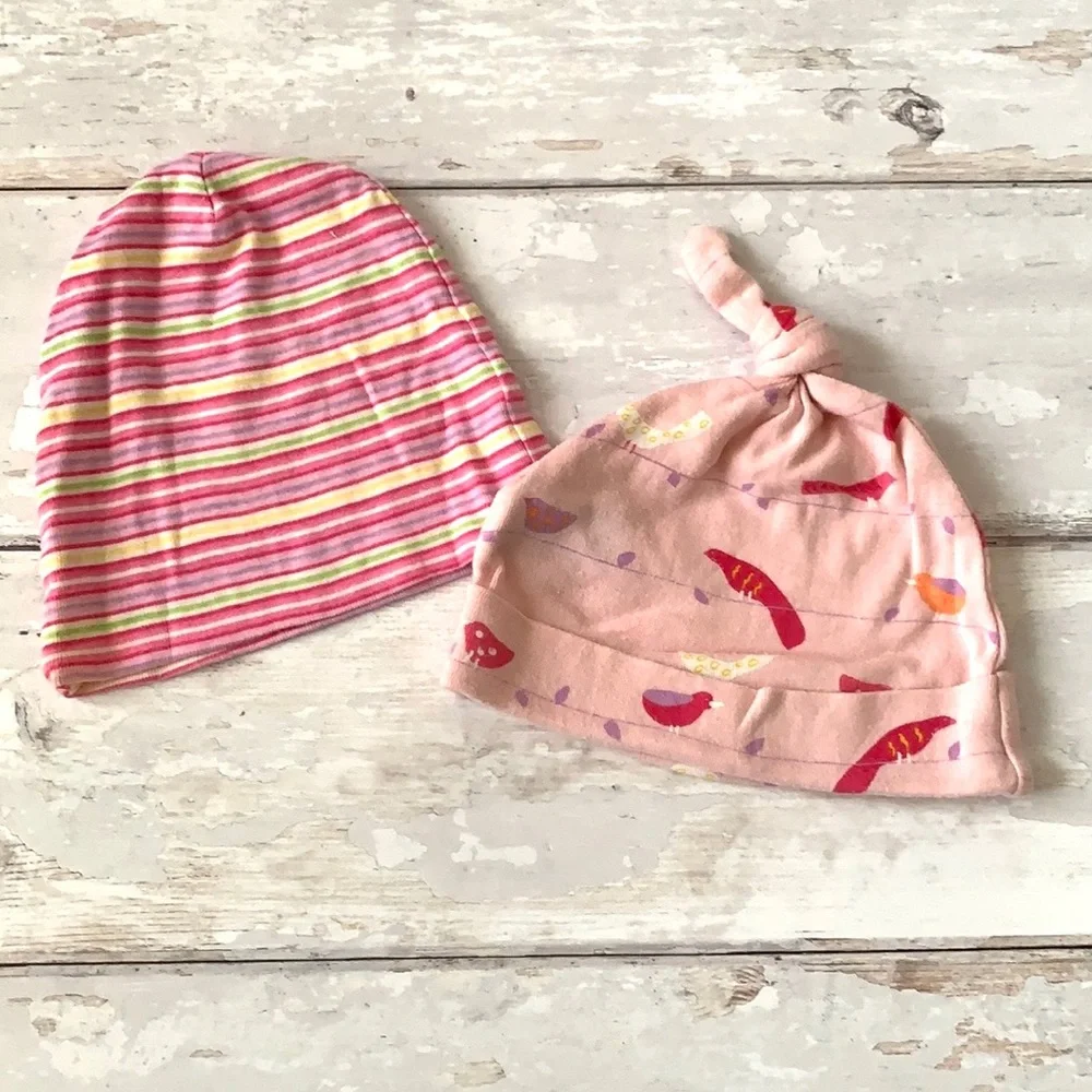 BabyGap Baby Girl Knot Hats Beanies Pink Stripes & Bird Print Set of 2 Gap Kids